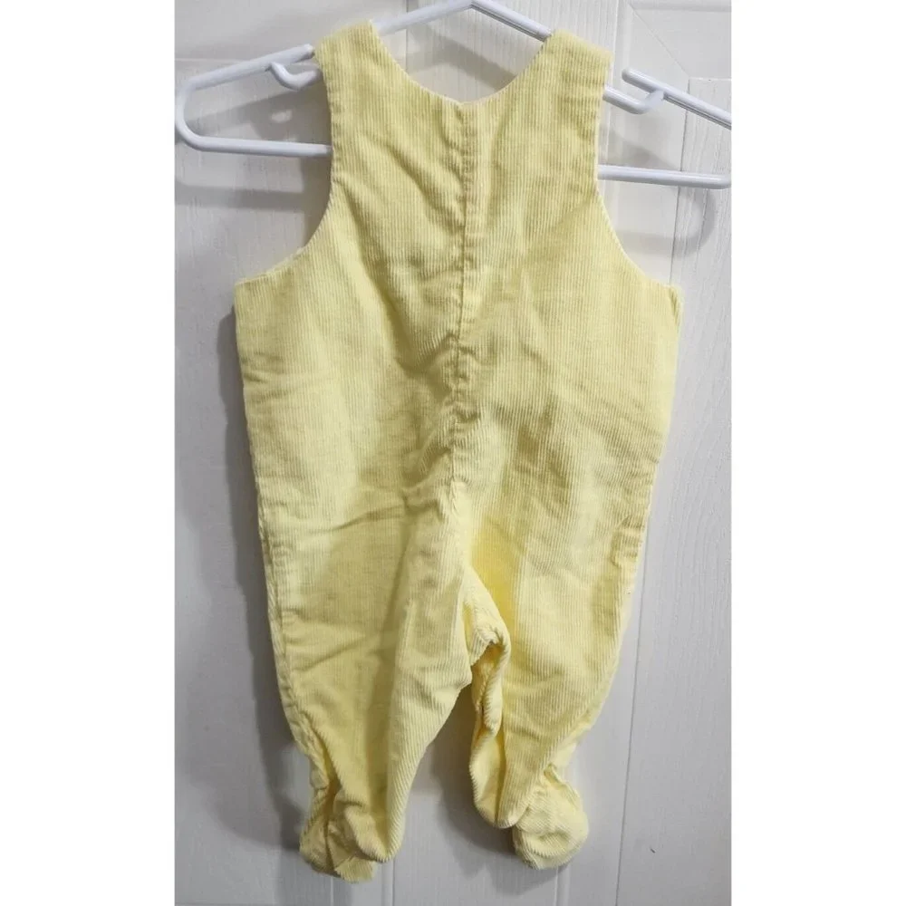 Vintage Betti Tirell Sleeveless Overalls Footie Pom Poms Yellow Corduroy Size 3M